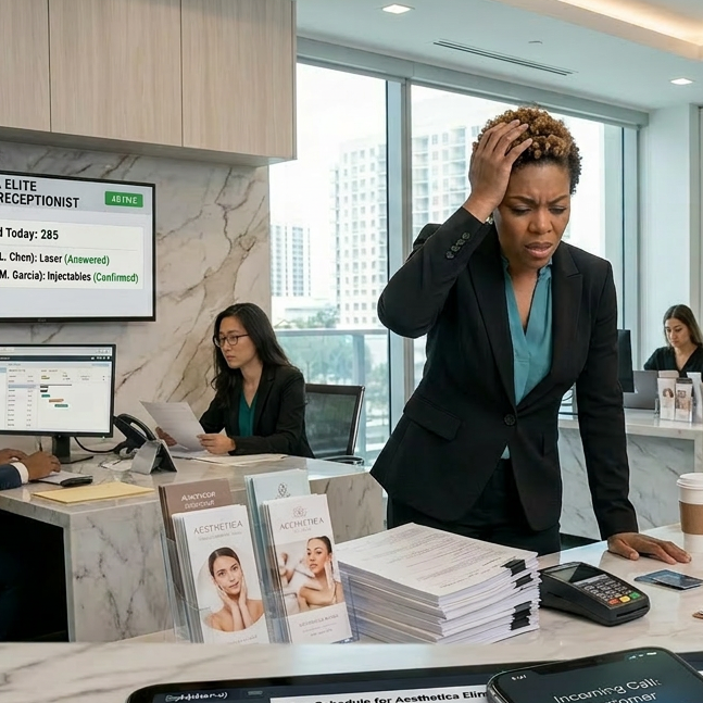 Professional office setting with people working at desks and a large screen displaying software.