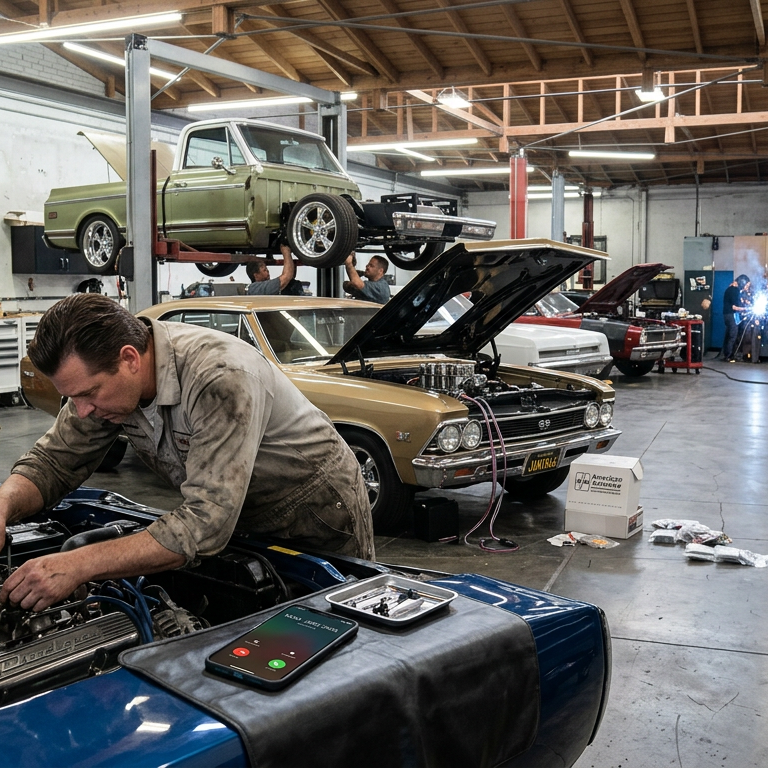 Mechanic working on a classic car in a busy garage with other vehicles and tools.