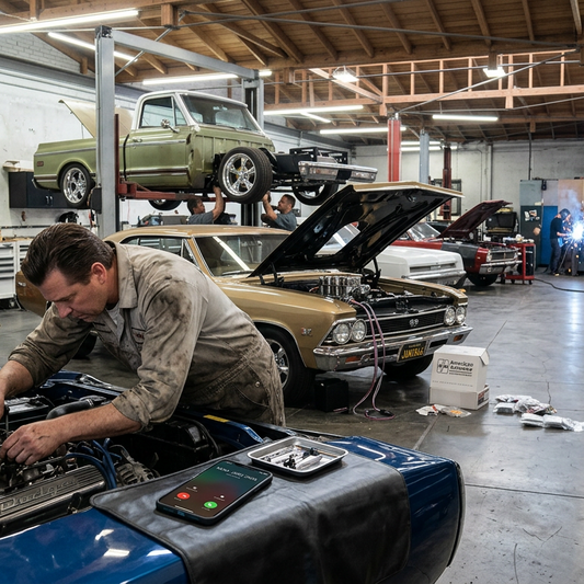 Mechanic working on a classic car in a busy garage with other vehicles and tools.